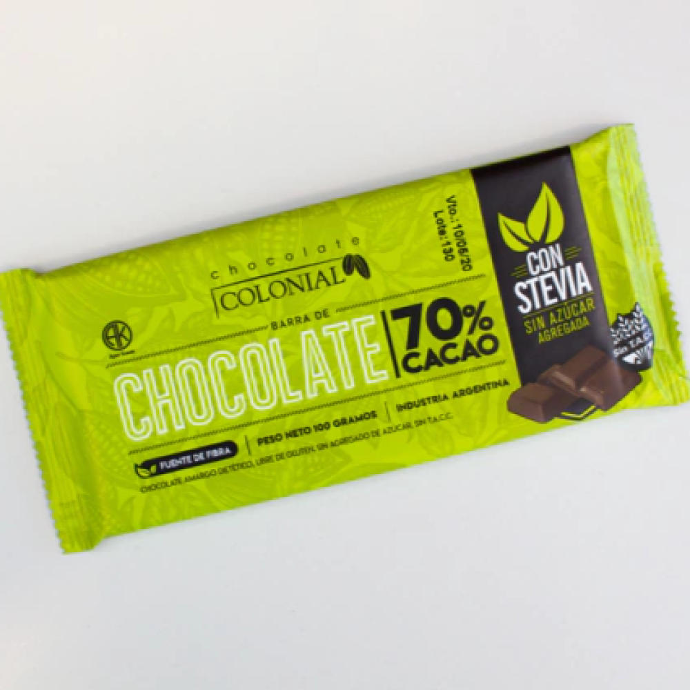 Chocolate Negro 70% Cacao Sin Azúcar con Stevia x 100g